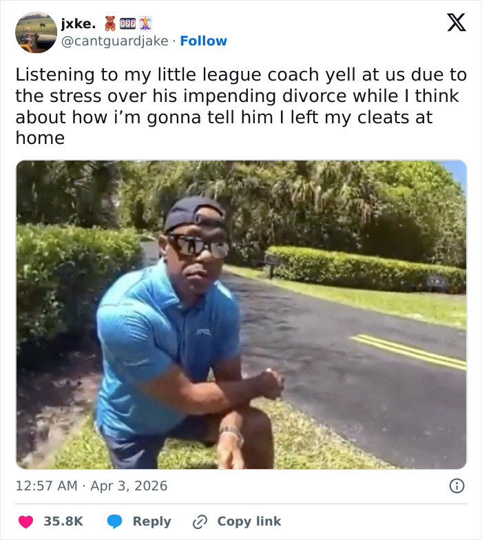 Man in blue golf shirt and cap crouching outdoors with a humorous expression, related to Tiger Woods arrest footage reactions.