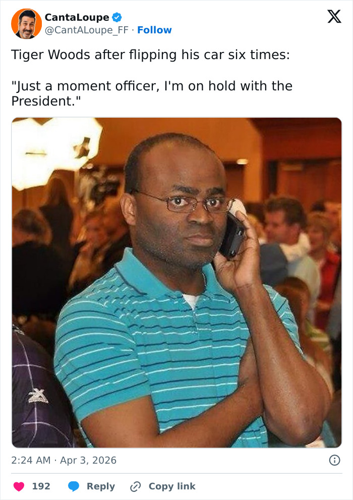 Man in a blue striped polo shirt holding phone, humorous tweet referencing Tiger Woods arrest reactions.