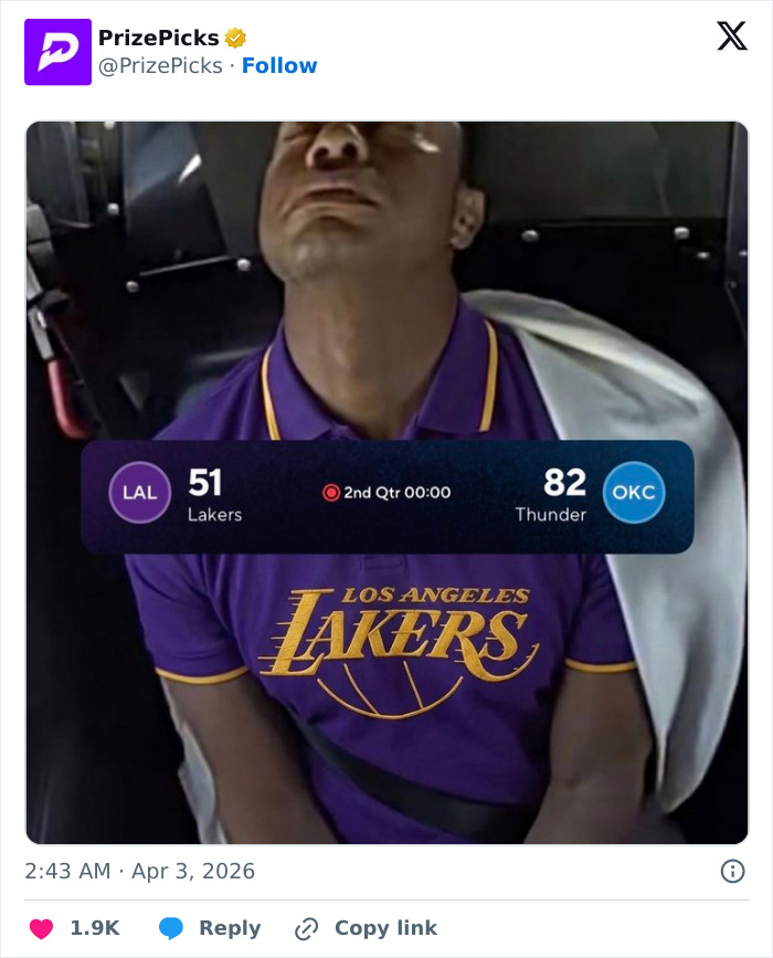 Man in Los Angeles Lakers shirt with eyes closed, shot during a basketball game between Lakers and Thunder.