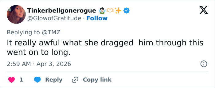 Tweet from user Tinkerbellgonerogue reacting to Blake Lively’s lawsuit dismissal against Justin Baldoni with a critical comment.