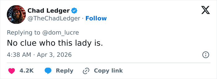 Twitter post showing user Chad Ledger replying with "No clue who this lady is" related to Broadway star being trolled online.