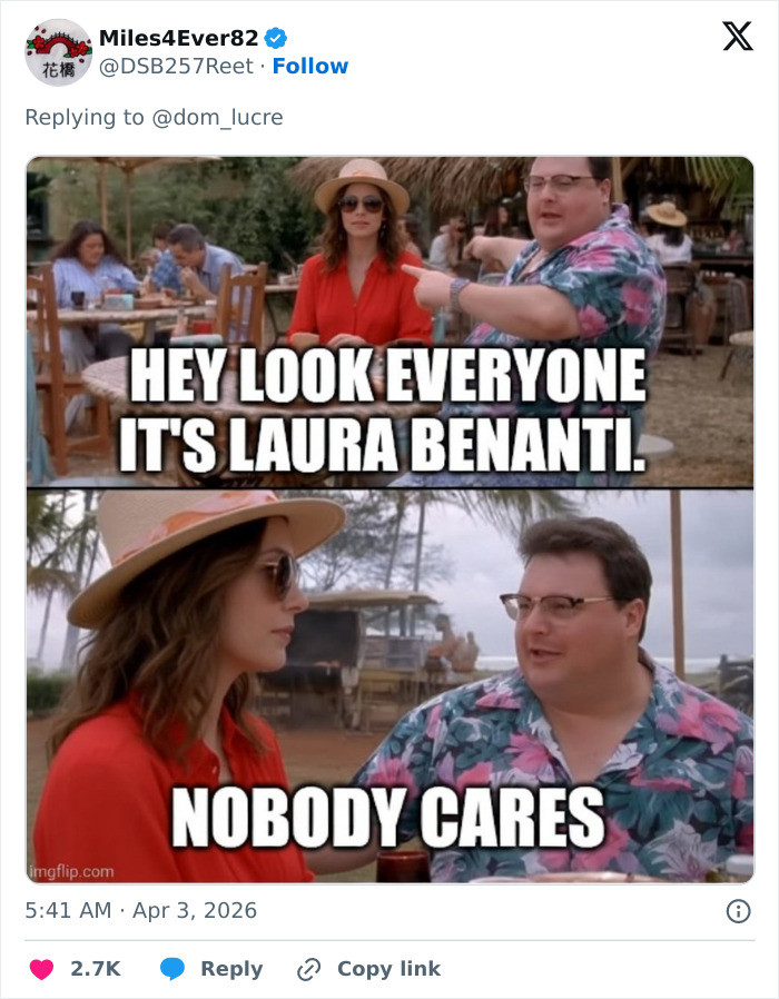 Man in floral shirt pointing at woman in hat and sunglasses with text mocking Broadway star not being recognized on plane.