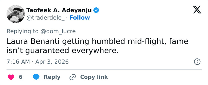 Tweet by Taofeek A. Adeyanju commenting on Broadway star being trolled after complaining about not being recognized on plane.