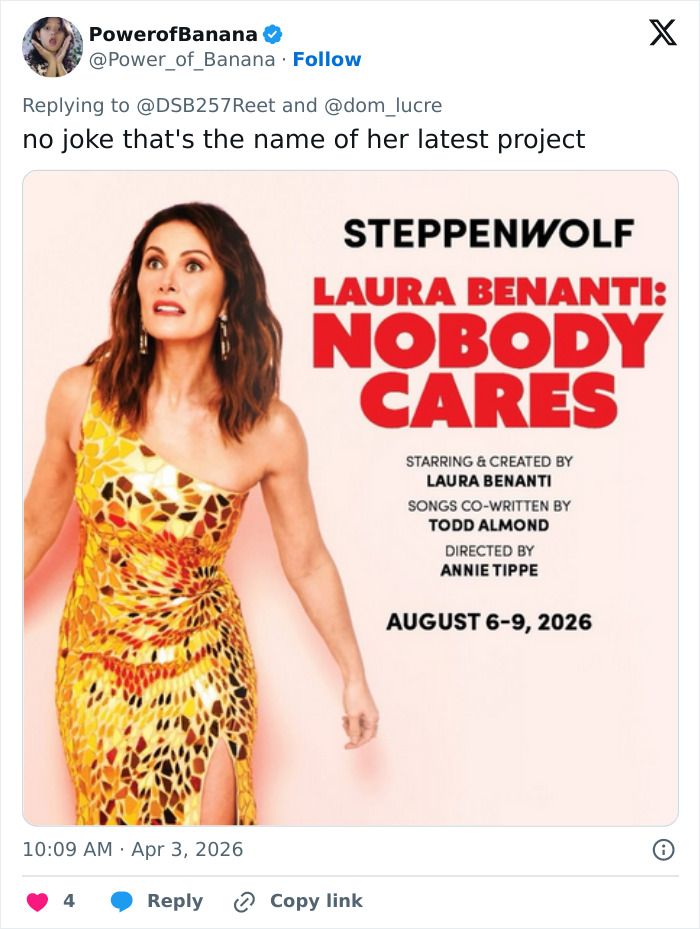 Broadway star Laura Benanti in a vibrant dress promoting her show Nobody Cares at Steppenwolf Theater.