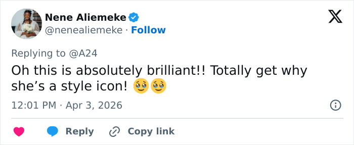 Tweet by Nene Aliemeke praising Zendaya as a style icon amid sheer dress trend in a movie promotion discussion.
