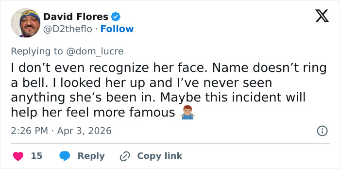 Tweet from user David Flores expressing disbelief at Broadway star not being recognized, highlighting trolling and lack of fame.