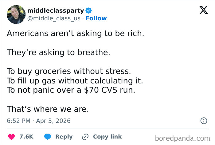 Tweet expressing economic stress and daily struggles reflecting dystopian conditions in the United States society.