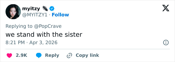 Tweet from user myitzy saying we stand with the sister in response to OpenAI CEO Sam Altman lawsuit allegations.