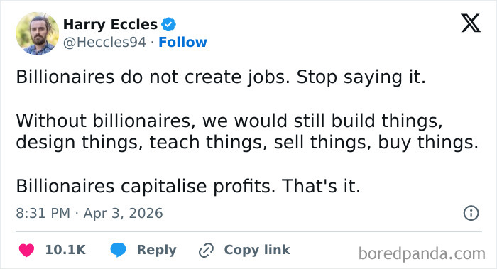 A tweet by Harry Eccles, stating billionaires don't create jobs, fueling the We Can't Afford Billionaires sentiment.