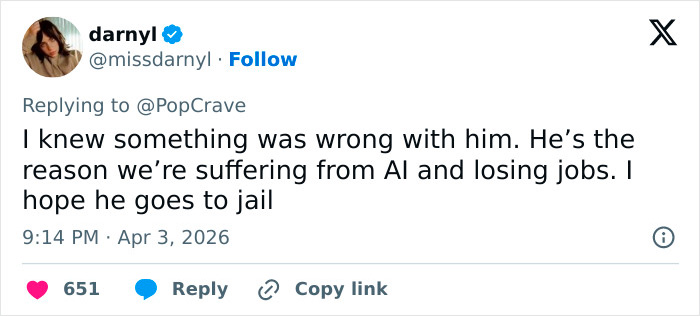 Tweet from user darnyl expressing criticism of OpenAI CEO Sam Altman related to AI and job loss concerns.