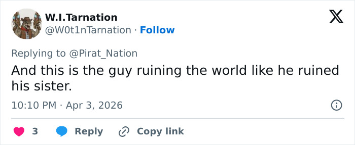 Tweet by W.I. Tarnation criticizing OpenAI CEO Sam Altman with reference to allegations from his sister Annie.