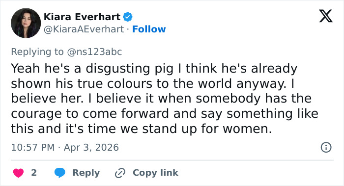 Tweet from Kiara Everhart criticizing OpenAI CEO Sam Altman amid lawsuit allegations by his sister Annie.