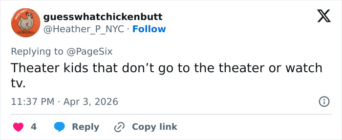 Tweet criticizing theater kids for not attending theater or watching TV, linked to Broadway star trolling incident.