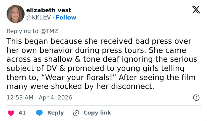 Twitter comment discussing Blake Lively&rsquo;s lawsuit statement and public reaction to her press tour behavior.