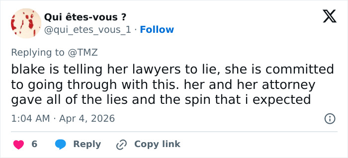 Tweet mentioning Blake Lively&rsquo;s scathing lawsuit statement with fans reacting strongly to the legal drama online.