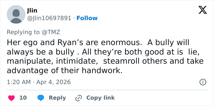 User tweet criticizing Ryan and Blake Lively amid she lost her dragon lawsuit statement debate on social media.