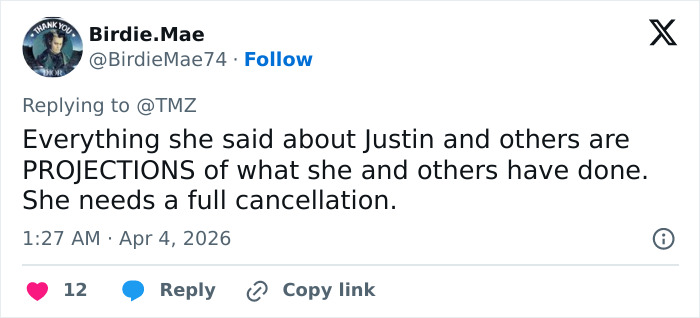 Tweet from Birdie.Mae criticizing statements related to Blake Lively's scathing lawsuit, sparking fan reactions online.
