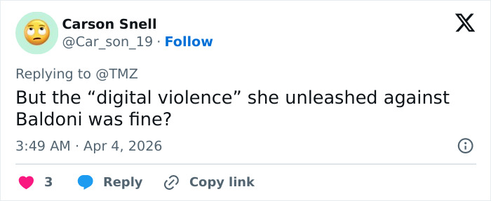 Tweet from Carson Snell criticizing digital violence unleashed, related to Blake Lively&rsquo;s scathing lawsuit statement online.
