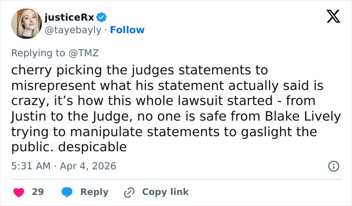 Tweet criticizing Blake Lively&rsquo;s lawsuit statement, accusing her of manipulation and gaslighting in a legal dispute.