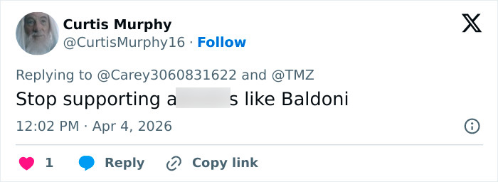 Screenshot of a Twitter reply by Curtis Murphy with a censored insult, related to Blake Lively's scathing lawsuit statement.