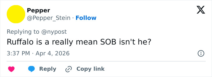 Tweet from Pepper Stein criticizing Mark Ruffalo, referencing his comments related to Kate Beckinsale and her firing. Tweet from Pepper Stein criticizing Mark Ruffalo, referencing his comments related to Kate Beckinsale and her firing.