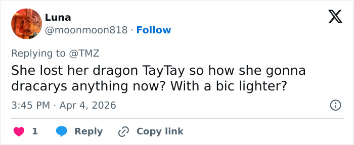 Tweet referencing she lost her dragon and dracarys, reacting to Blake Lively&rsquo;s scathing lawsuit statement online.