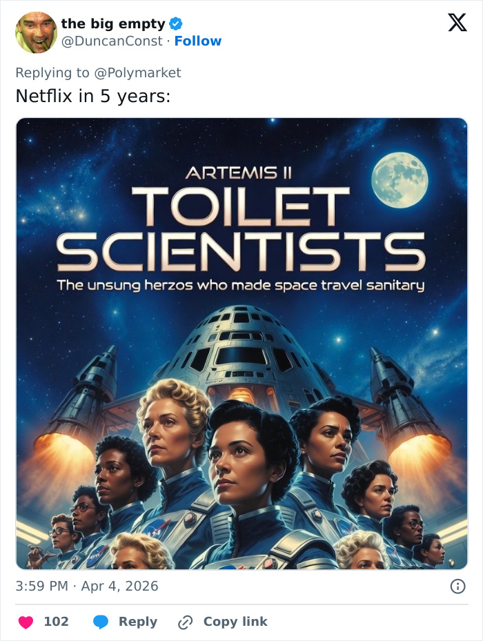 Artemis II toilet scientists poster showing diverse astronauts in space suits with rocket and moon in background