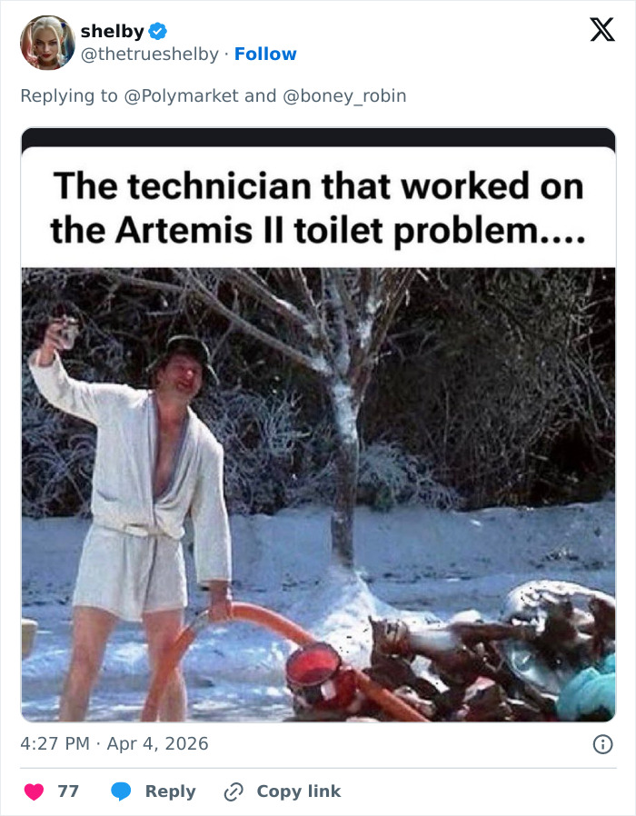 Meme showing a man in a robe holding a hose in snow, humorously referencing Artemis II toilet problem and space plumbing failure.