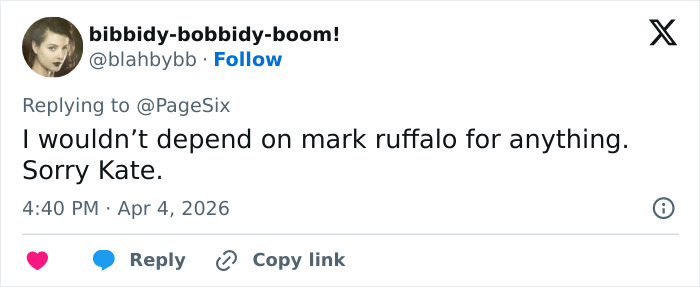 Tweet mentioning Mark Ruffalo and Kate Beckinsale discussing his comments on her firing and manhood benefits. Tweet mentioning Mark Ruffalo and Kate Beckinsale discussing his comments on her firing and manhood benefits.