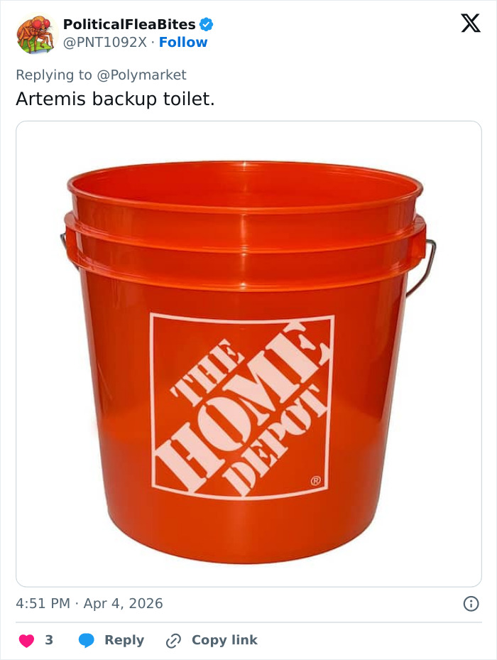 Orange Home Depot bucket humorously labelled as Artemis II backup toilet, referencing space plumbing failure memes.
