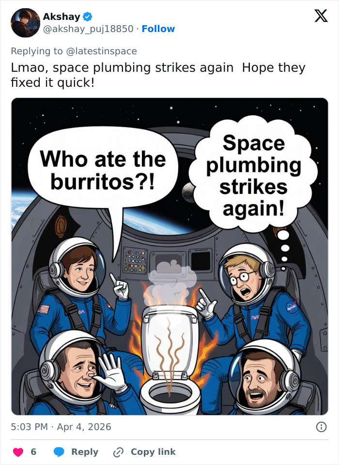 Four astronauts inside a spacecraft react humorously to a smoking toilet with space plumbing strikes again meme.