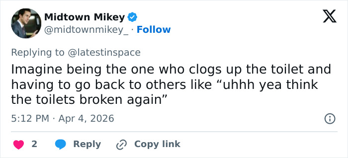 Tweet about Artemis II toilet failure, joking about space plumbing mishap causing humor and memes online.