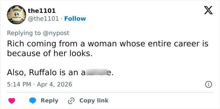 Screenshot of a Twitter reply discussing Mark Ruffalo and Kate Beckinsale’s firing with controversial comments on manhood. Screenshot of a Twitter reply discussing Mark Ruffalo and Kate Beckinsale’s firing with controversial comments on manhood.