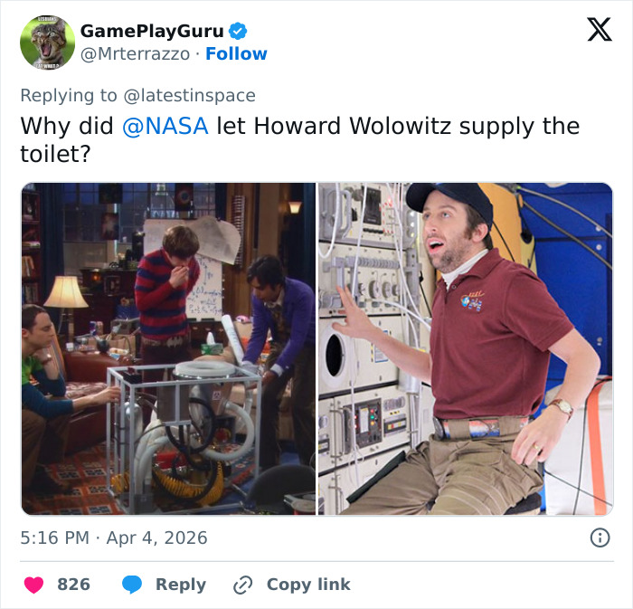 Tweet showing a meme referencing space plumbing and Artemis II toilet failure with a sitcom character and an astronaut.