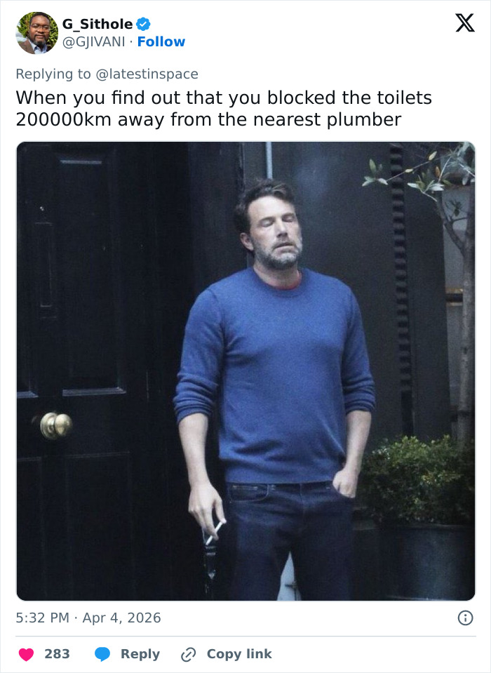 Man in blue sweater outside with eyes closed looking frustrated, illustrating space plumbing toilet failure memes.