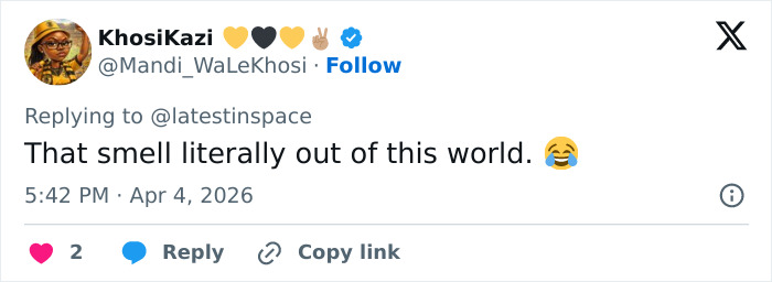 Tweet from a user reacting humorously to Artemis II toilet failure, referencing space plumbing issues with laughing emoji.