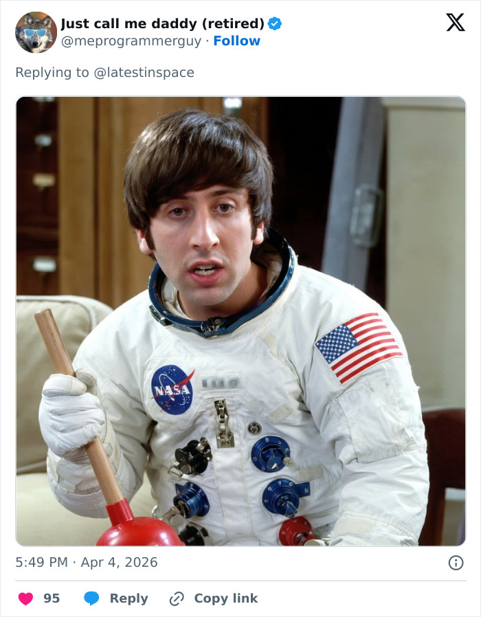 Man in astronaut suit holding a plunger, referencing space plumbing issue linked to Artemis II toilet failure memes.