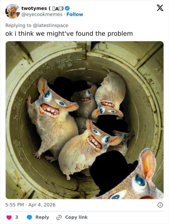 Humorous meme showing cartoonish animals inside a pipe, referencing space plumbing and Artemis II toilet failure.