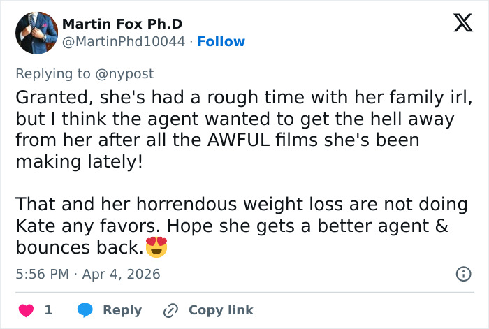 Screenshot of a tweet discussing Kate Beckinsale’s struggles and referencing Mark Ruffalo’s comments on her firing. Screenshot of a tweet discussing Kate Beckinsale’s struggles and referencing Mark Ruffalo’s comments on her firing.