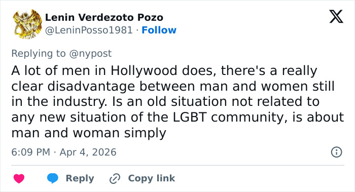 Screenshot of a tweet discussing the Hollywood industry and gender disadvantages between men and women. Screenshot of a tweet discussing the Hollywood industry and gender disadvantages between men and women.