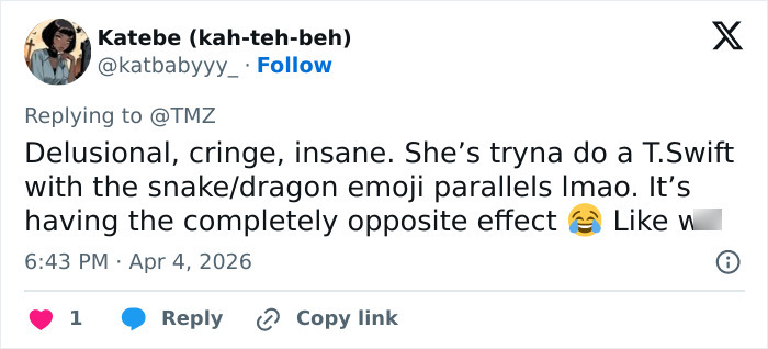 Tweet criticizing Blake Lively&rsquo;s scathing lawsuit statement, sparking fan frenzy over dragon emoji parallels.