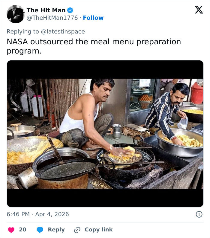 Two men cooking street food in large pans, illustrating a humorous take on space plumbing Artemis II toilet failure memes.