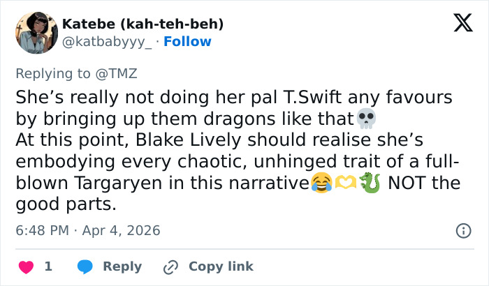 Tweet discussing Blake Lively&rsquo;s chaotic traits linked to dragons, sparking fan reactions and social media frenzy.