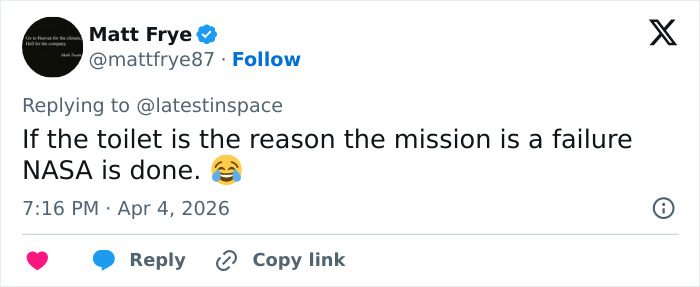 Tweet joking about Artemis II toilet failure, humor and memes surrounding space plumbing problems on NASA mission.