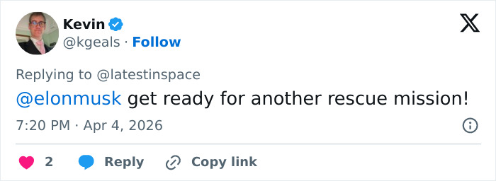 Tweet by Kevin responding to Elon Musk about preparing for another rescue mission related to space plumbing issues.