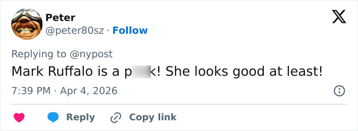Screenshot of a social media reply referencing Mark Ruffalo with a blurred expletive and a comment on appearance. Screenshot of a social media reply referencing Mark Ruffalo with a blurred expletive and a comment on appearance.