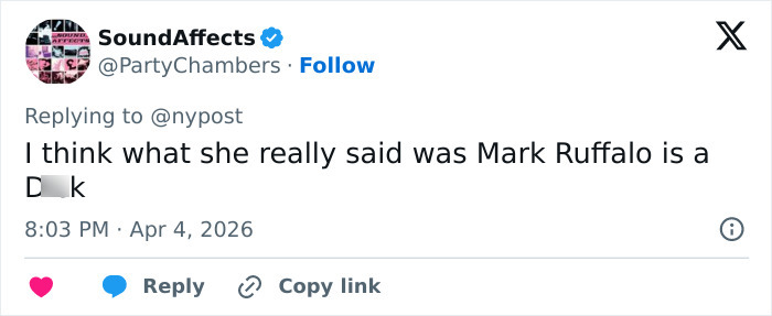 Screenshot of a tweet referencing Mark Ruffalo and Kate Beckinsale’s comments about her firing and manhood benefits. Screenshot of a tweet referencing Mark Ruffalo and Kate Beckinsale’s comments about her firing and manhood benefits.