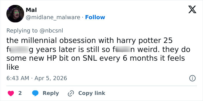 Tweet discussing millennial obsession with Harry Potter and SNL&rsquo;s recurring Harry Potter skits every six months.