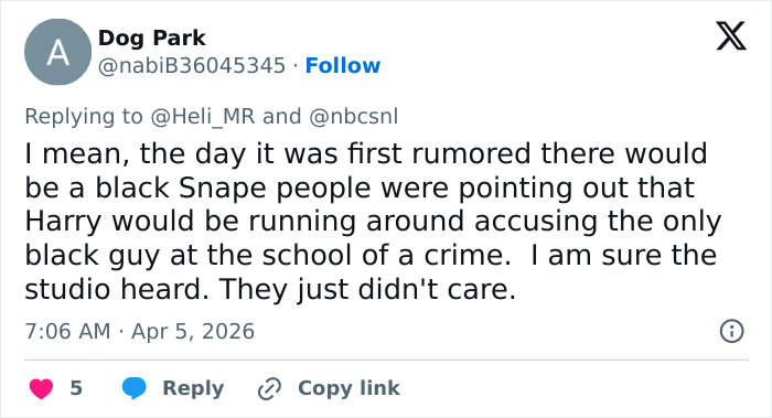 Tweet discussing reactions to the rumored casting of a black Snape in the HBO Harry Potter reboot.