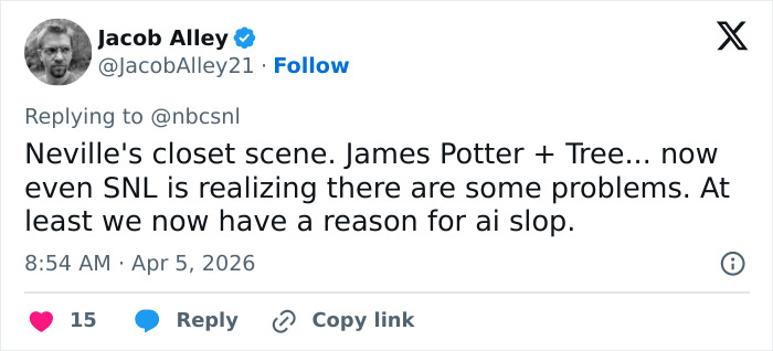 Tweet by Jacob Alley commenting on SNL&rsquo;s Black Snape skit roasting HBO Harry Potter reboot casting issues.